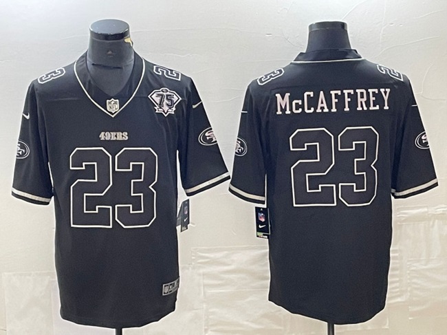 Men's San Francisco 49ers #23 Christian McCaffrey Black With 75th Anniversary Patch Stitched Jersey